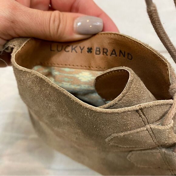 Lucky Brand Jaemma Tan Suede Leather Wedge Ankle Boots Size 8 - Picture 7 of 9
